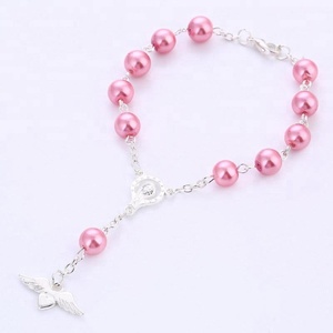 Braccialetto rosario religioso rosa imitazione perle di vetro all'ingrosso, <span class=keywords><strong>bracciale</strong></span> catodico <span class=keywords><strong>con</strong></span> centrotavola maria e ala d'<span class=keywords><strong>angelo</strong></span> - Product Image 4