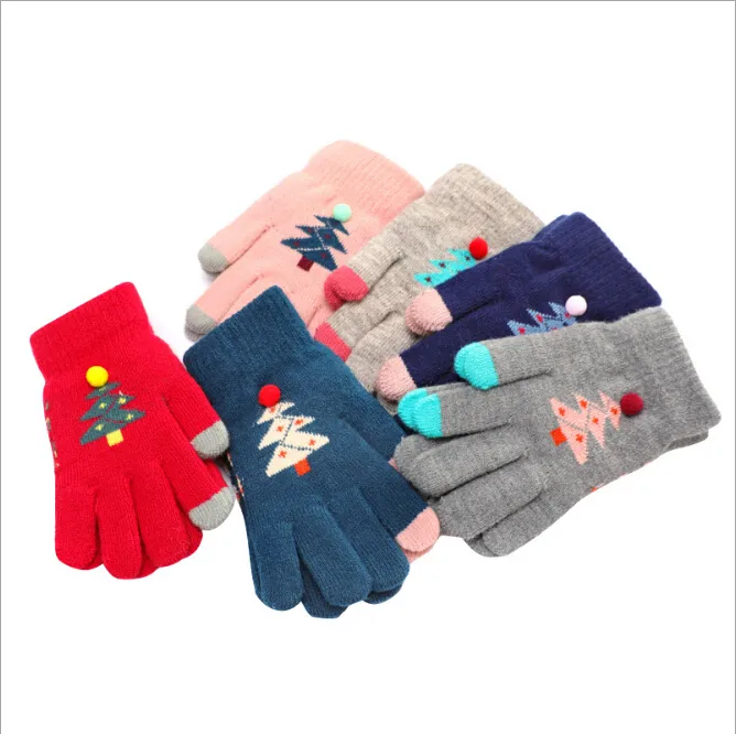 Winter Touch Screen Gloves Kids Knit Mittens Wool Full Finger children thick X-MAS christmas tree gloves