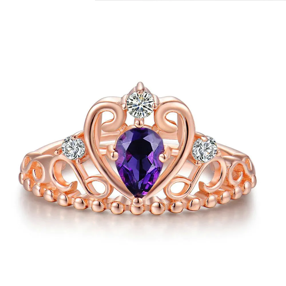 GT06 Crown Teardrop Amethyst 925 Sterling Silver Jewelry Key Shape Wedding Ring with Rose Gold Plated