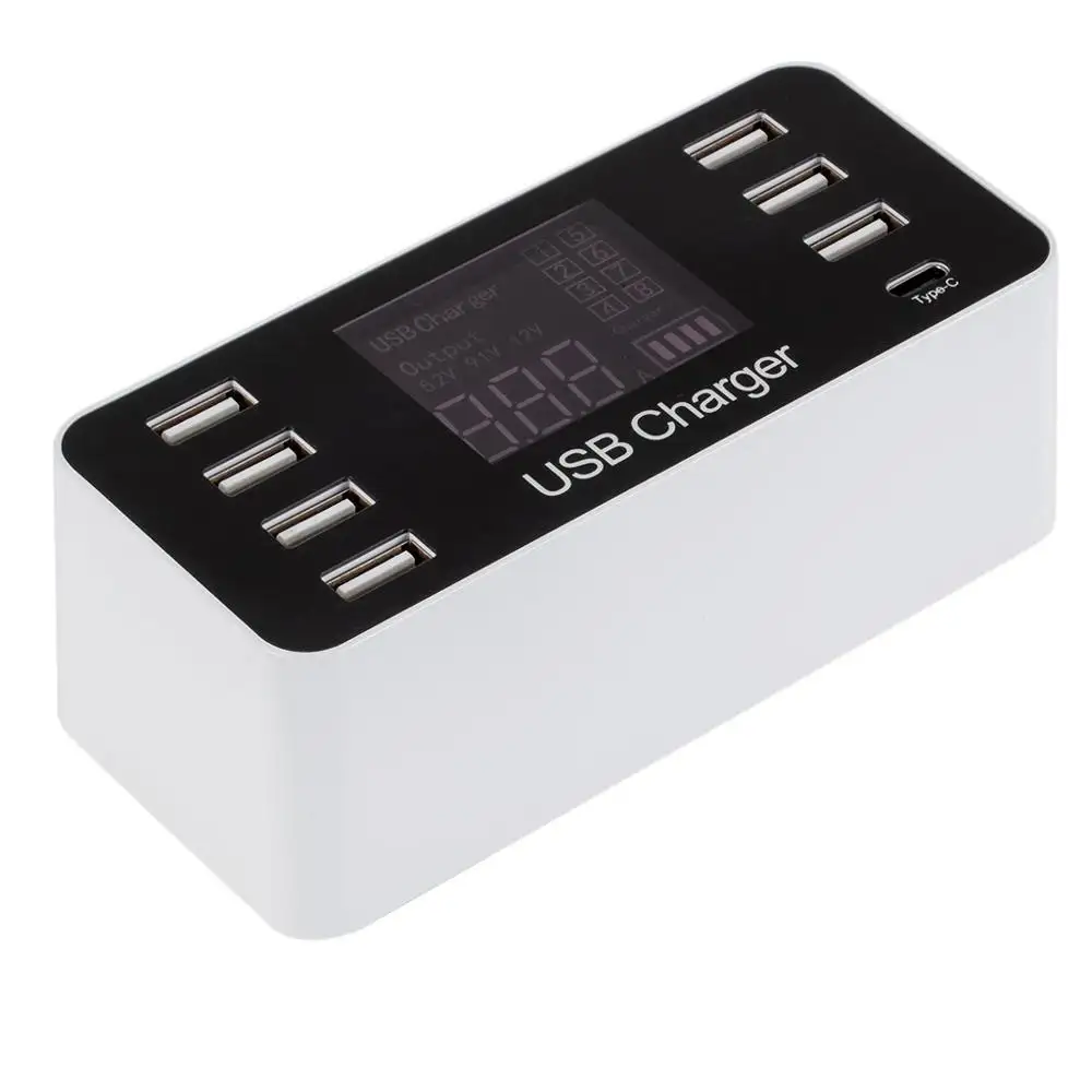 Au Uni Eropa US Steker Inggris 7 Port 5V 2A 2.1A USB Charger Cepat dengan Tegangan Current LCD Display untuk smart Ponsel Tablet PC