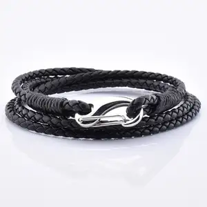 Wholesale Nautical Black Rope Hook Leather Snap Clasp Wrap Bracelet For Men