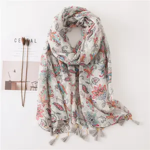 Foulard Hijab en Viscose avec des fleurs, pour femme, écharpe Large, couverture douce, avec des perles, Design à la mode,