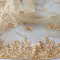 Tela de Tul Bordada con Encaje Dorado de Lujo, Diseños con Cuentas Hechos a Mano para Bolsos y Zapatos de Niña para Bodas - 100% Poliéster