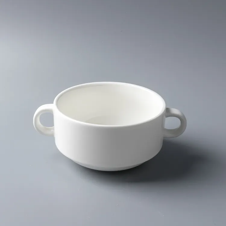 290ml Customized White Porcelain Restaurant Tableware Ceramic Two Handled Soup Bowl For amphora ceramic bowl