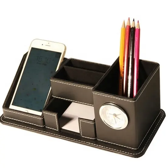 LG-B050 Custom Logo Personalized Office Stationary Desk Pen Holder PU Leather Table Pen Holder With Alarm Clock