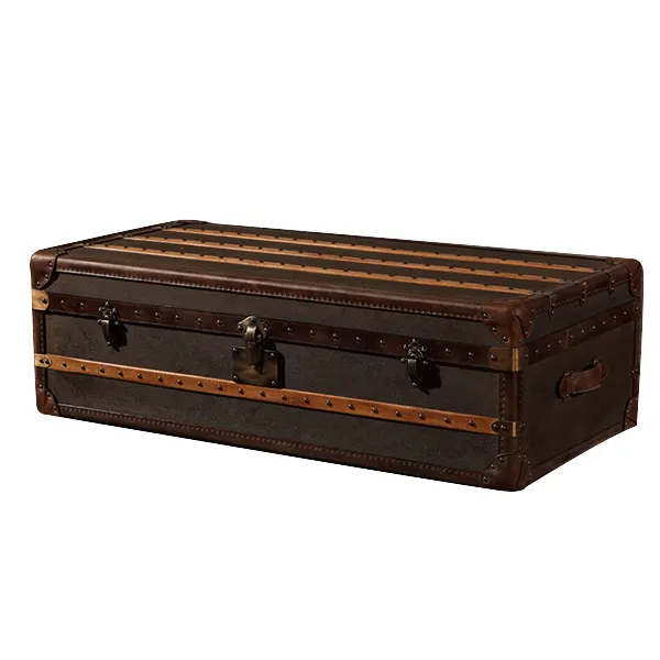 American Retro Industrial Steamer Chest Trunk with Vintage Leather Line