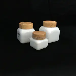 Fancy luxury packing 15ml 50ml 70ml square opal white cream glass jar with bamboo print plastic lid