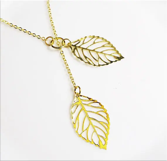 Beautiful jewelry gold plated double imitation gold leaf necklace for promotion