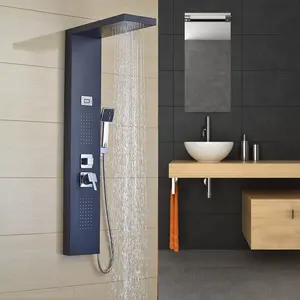 ROVATE Black Newly 2022 Shower Panel with Radio Bhatroom Shower Column Panel Tower Stainless Steel Shower Panel Parts