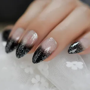 Black Ombre French Nails Sharp Ending Acrylic Nail Tips Glitter Gel Cover Gradient Pointed Nails False with Adhesive Tabs