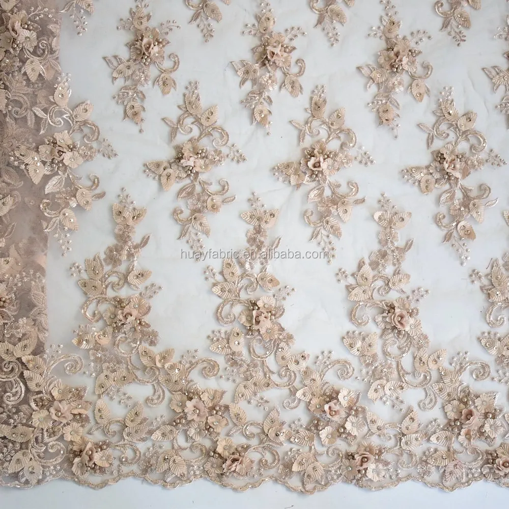 Vestido de tecido com pérolas, 3d flor miçangas tecido de renda com pérolas lantejoulas bordados tecido tule pedra HY0649-2