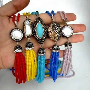 Kalung Liontin Batu Permata Kristal Buatan Tangan, Kalung Manik-manik Sangat Panjang Rumbai Neon Boho