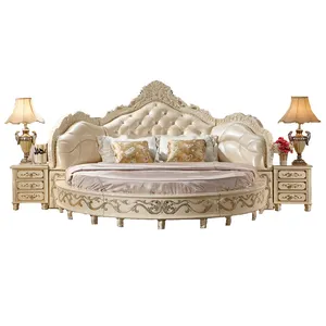 यूरोपीय शास्त्रीय शैली राजा आकार ठोस लकड़ी दौर बिस्तर/असली लेदर उच्च-ग्रेड दौर शादी बिस्तर