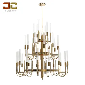 JC Chiếu Sáng Lớn Hiện Đại Pha Lê Ống Chandelier Thổi Thủy Tinh Vàng Đèn Thiết Kế Thích Ánh Sáng Hai Tier Chandelier Cho Tiền Sảnh