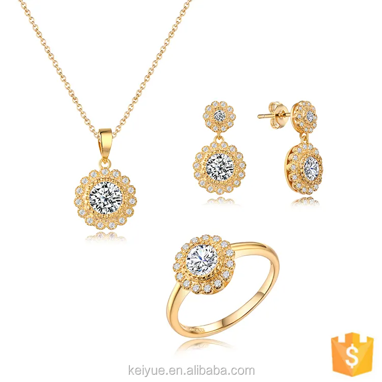 Keiyue gold plated dulhan sun flower cz ladies bijoux bridal jewellery sets gold plated sun flower jewelry set
