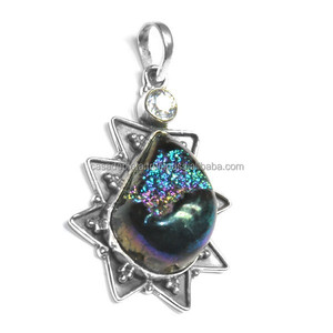 Genuino cristal cuarzo multicolor Druzy piedra preciosa 925 plata esterlina diseñador colgante joyería Casa De Plata - Product Image 1