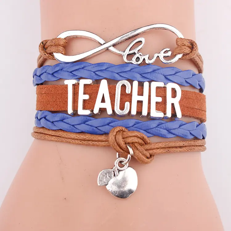 Colorful Rope Weaving Teach Apple Love Charm Leather Braided Infinity Love Teacher Bracelet