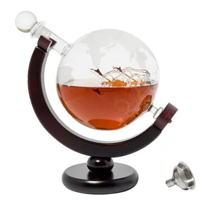 AIHPO05 Unique Fancy Magic Gift 850ml HandMade Blown Glass Globe Wine Whiskey Decanter with Ship with Wooden Base Stand