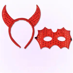 Pesta Halloween Set Kostum Cosplay Dress Red Devil Ikat Kepala dan Topeng Halloween Pesta Dekorasi Kit