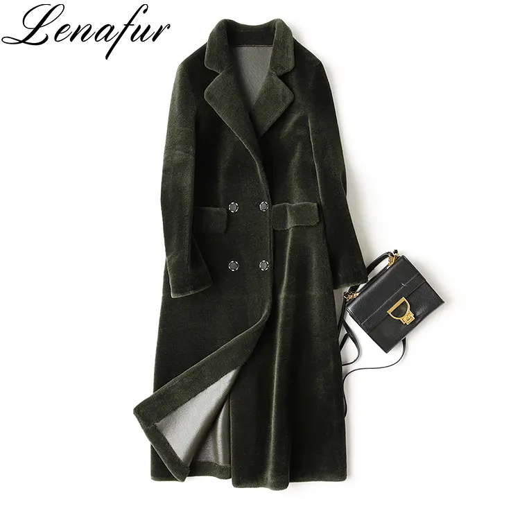 Beige Green Blue Long Slim Lamb Skin Leather Fur Trench Coat、Leather Shearling Coat For Women