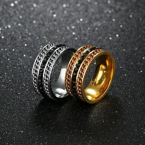Marlary热销银色和金色抛光不锈钢遏制链类戒指金色男士韩版结婚戒指