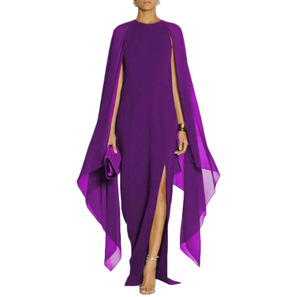 Purple Patchwork Long Chiffon Dress Women Cloak Sleeves Irregular Maxi Dress Summer Plus Size Red Boho Beach Party Dress