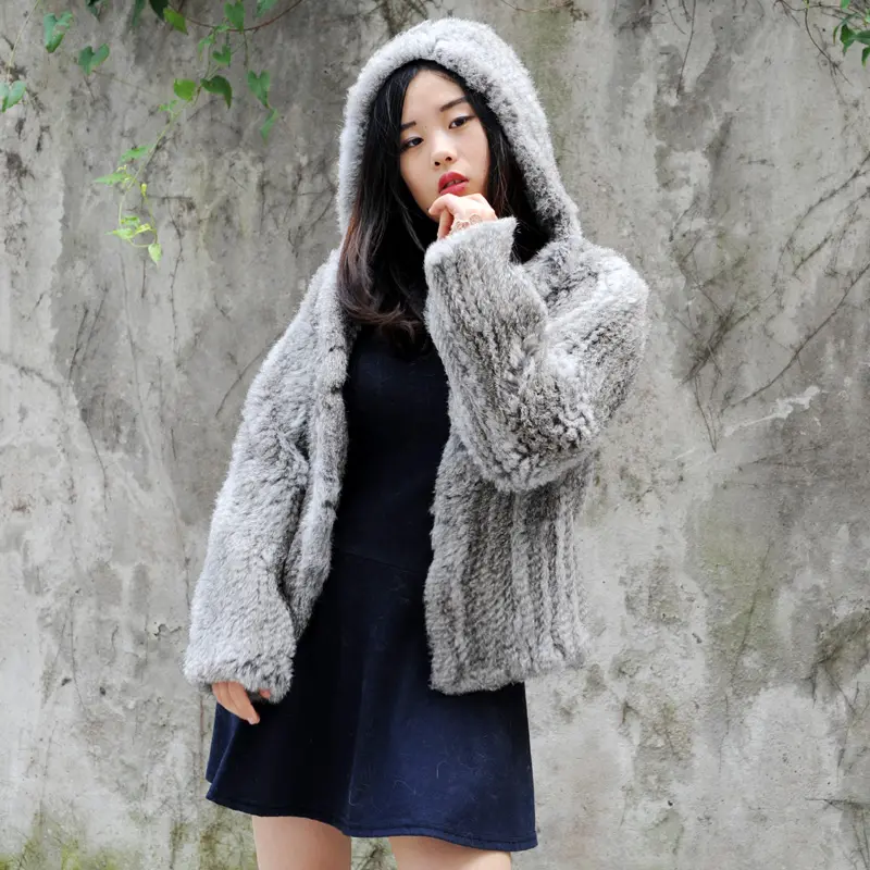 CX-G-A-44 Fashion Genuine Rabbit Fur Long Sleeve Knitted Rabbit Fur Jacket