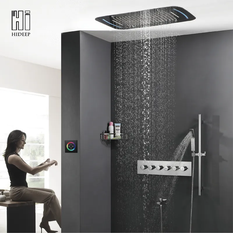 HIDEEP 430*710mm Rechteckige Multifunktionen Wasserfall Niederschlag Einbetten Decke LED-Licht Badezimmer Dusche Wasserhahn