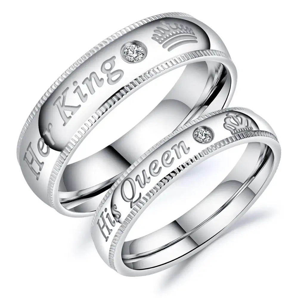 His King Her Queen Zircon Wedding Band Couple Rings Set Stainless Steel Jewelry For Women Men