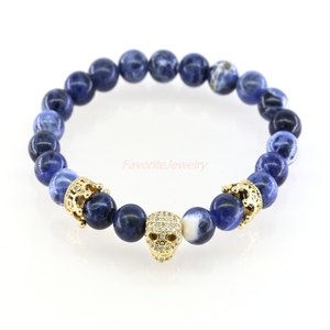 <span class=keywords><strong>Moda</strong></span> personalizada 18 K oro chapado micro Pace CZ cráneo y corona pulsera, piedra natural hombres pulsera - Product Image 1