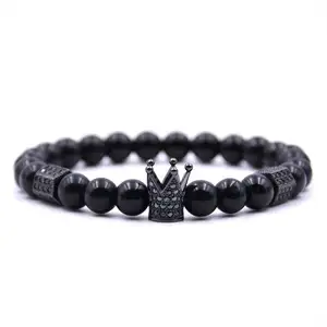 Natural Stone Polished Black Onyx Beads Cubic Zirconia CZ Paved Luxury Crown Charms Stretchable Bracelet