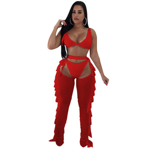 Completo da Donna in 3 Pezzi, Top Corto Trasparente e Pantaloni, Tuta con Schiena Scoperta in Rete con Strass e Perle, Abbigliamento da Club, Lingerie Sexy - Product Image 3