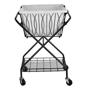 Carrito de lavandería de metal plegable para el hogar y el hotel al por mayor con cesta de hierro extraíble y bolsa de lona - Product Image 1