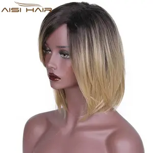 Aisi Hair Black Blonde Ombre Two Tone Color Bob Hair Pruik Korte Rechte Bob Stijl Synthetisch Haar Pruiken Voor Zwarte Vrouwen