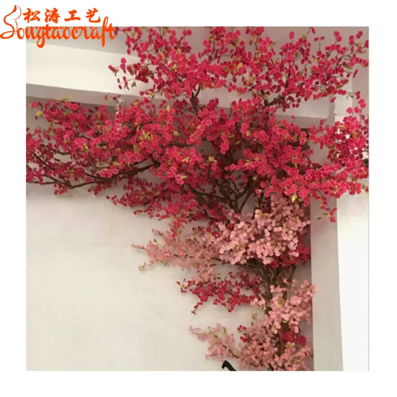 Arbre à fleurs de cerisier rose foncé, plante d'intérieur avec des photos, pour porte de mariage