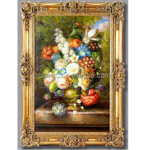 <span class=keywords><strong>Pintura</strong></span> al Óleo de Flores con Marco Dorado Antiguo, <span class=keywords><strong>Estilo</strong></span> Rococó Clásico, Grabado en Madera Hecho a Mano - Product Image 1