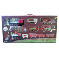 B/o, modelo ao ar livre, pista, luz, criança com trem de brinquedo ferroviário com som