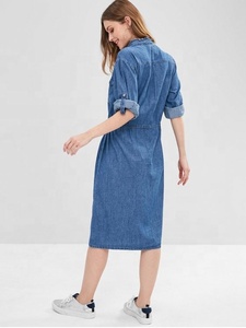 KY Long Light Washed Blue Manga larga Cintura Tie Button up Pocket Shirt Chambray Denim Dress Mujer - Product Image 5