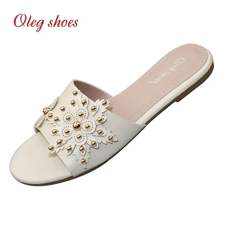 PU wholesale ladies flat shoes flower design slippers sandals for parties or shopping slides sandals women sandals 2023