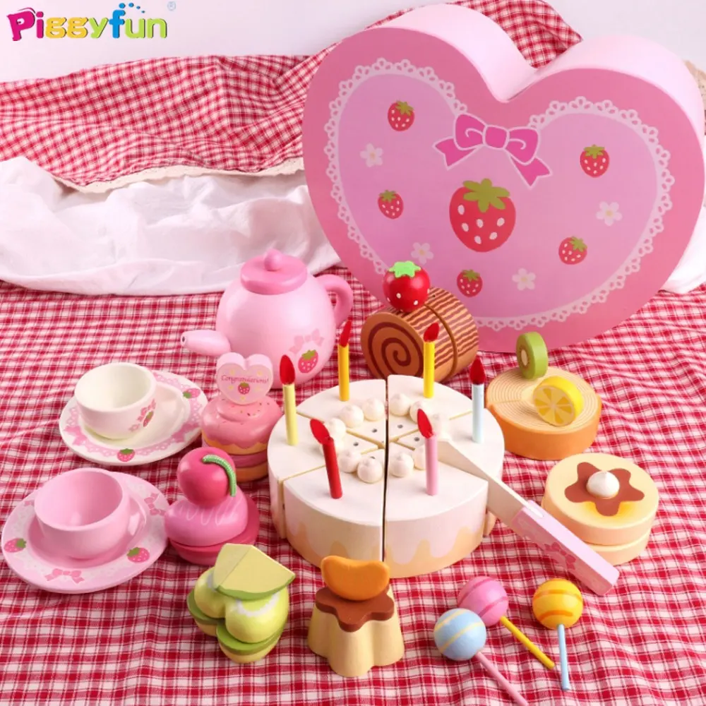 هدايا لعبة كعكة عيد ميلاد للأطفال اللعب الخشبية الغذاء قطع لعبة AT11146