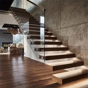 Prima Hot Selling Indoor rahmenlose Glas geländer Massivholz Stufen bauen schwimmende Treppe Designs Treppen