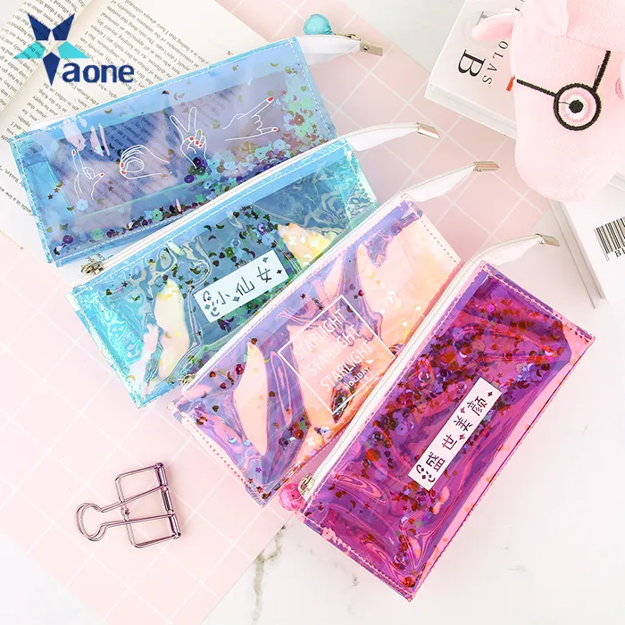 kawaii pink girl laser PVC paillette soft clear sequin pencil case school pencil box cute stationery bag