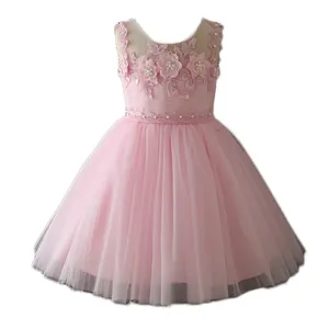 New arrived pink flower girls party prom gowns wedding birthday party dress for 2-10 years old girls