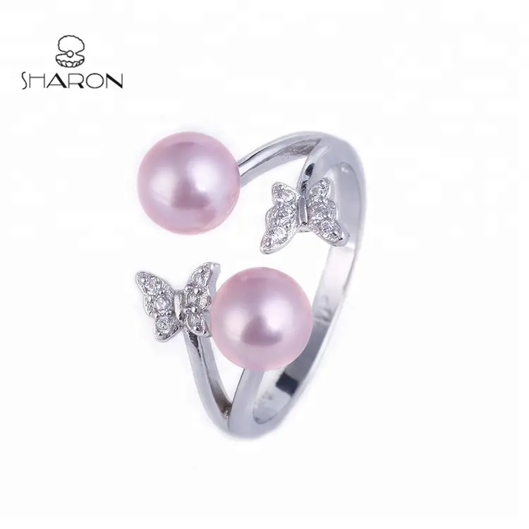 2020 Top Sale Jewelry Sterling Silver Adjustable Natural Freshwater Double Round Pearl Butterfly Ring For Women