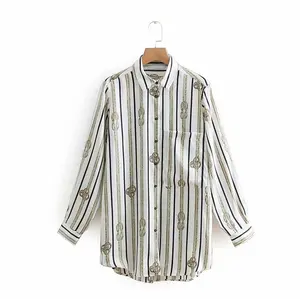 Chemise manches longues pour femme, vêtement de mode, long, design imprimé avec chaîne, blouse avec poche, printemps 2020