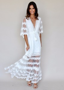 Bianco Donne Del Merletto Del Ricamo Maxi Manica Del Vestito - Product Image 4