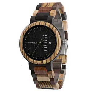 高品质热销混色木头手表男士石英木手表与日本机芯自动日期腕表