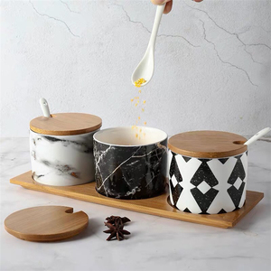Salt Sugar Spice Pepper Ceramic Marble <strong>Canister</strong> <strong>Set</strong> <strong>of</strong> 3 with Ceramic Spoon &amp; Wooden Lid - Product Image 1