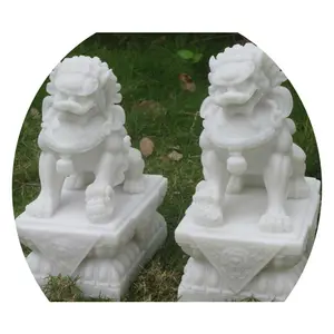 Garden Outdoor Decoration Sculpture Animal Carving Statue White Marble Jade Stone Foo Fu Dog Lion Climbing Lion