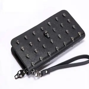 Fashion Long Skeleton vintage long PU leather purse clutch wallet non-mainstream punk Skull Rivets Bag for men and women